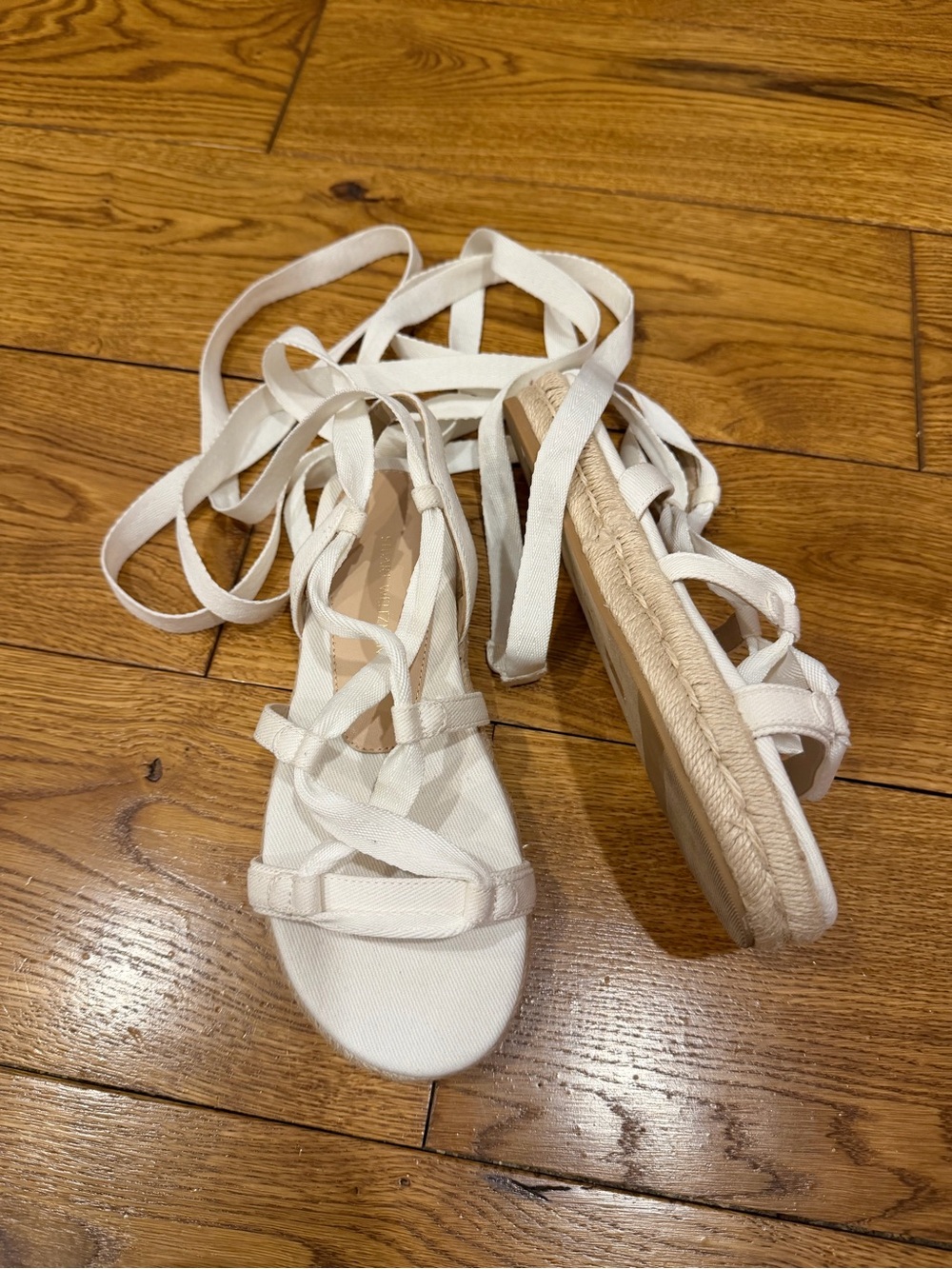 Stuart Weitzman White Lace-Up Espadrille Sandals